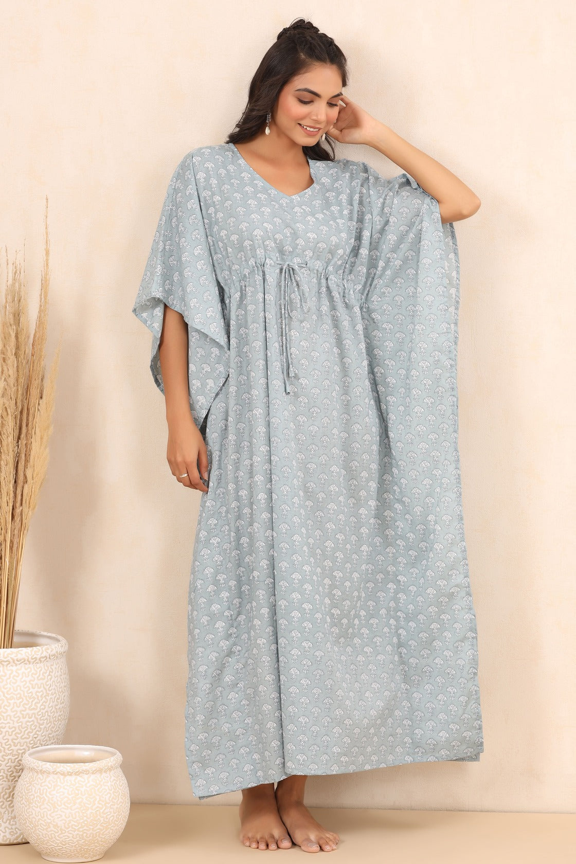 Mushrooms On Light Grey Cotton Kaftan