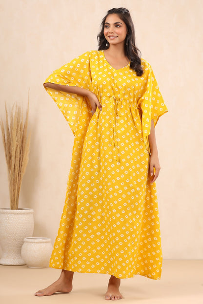 Patterned Bandhej On Yellow Cotton Kaftan