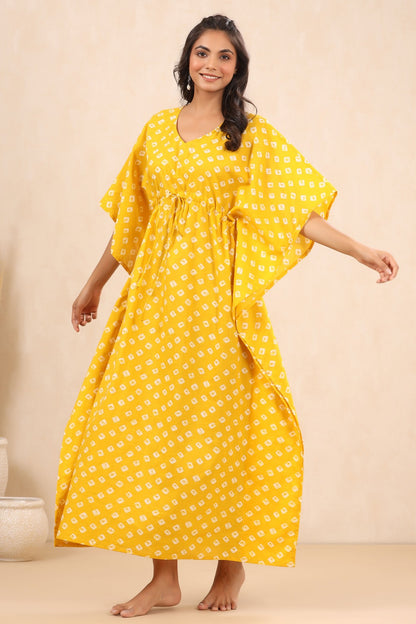 Patterned Bandhej On Yellow Cotton Kaftan