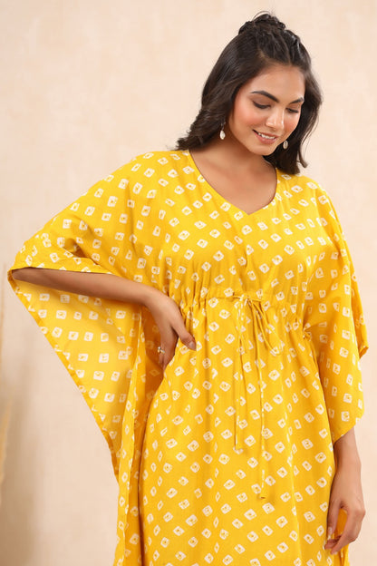 Patterned Bandhej On Yellow Cotton Kaftan