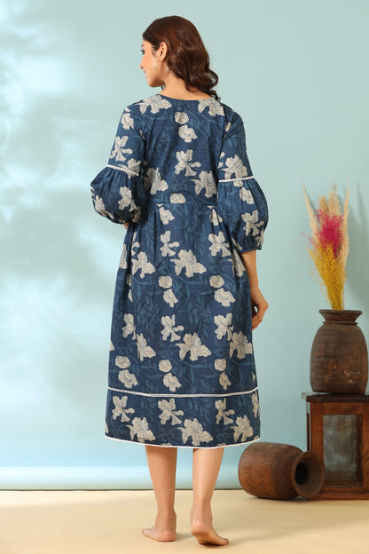 Bagru Florals On Blue Maternity & Nursing Dress