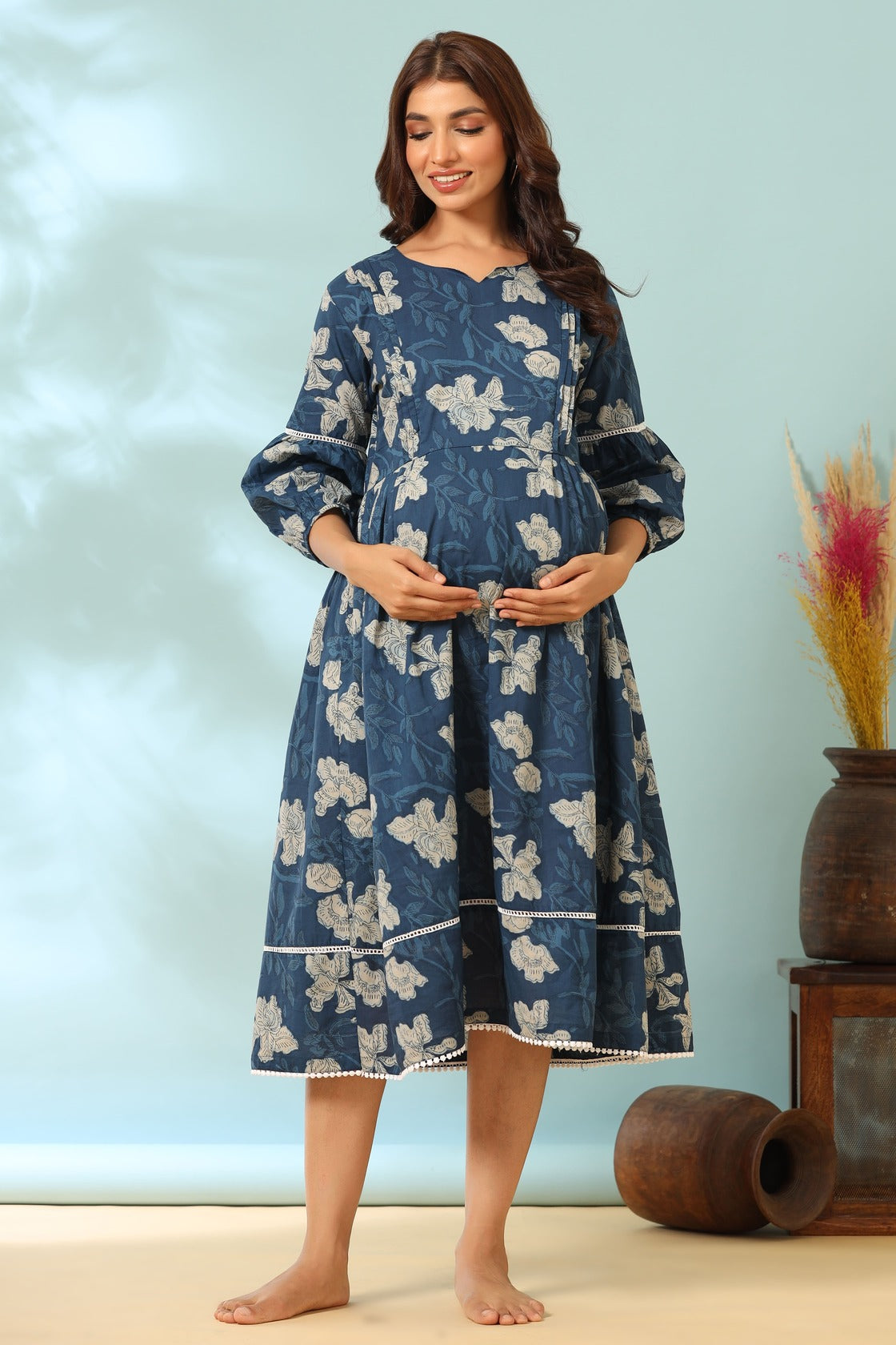 Bagru Florals On Blue Maternity & Nursing Dress