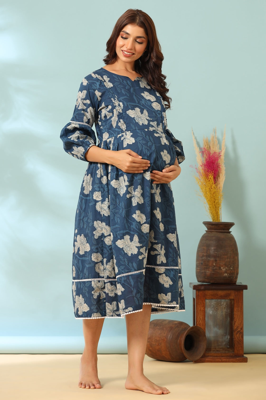 Bagru Florals On Blue Maternity & Nursing Dress