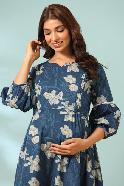 Bagru Florals On Blue Maternity & Nursing Dress