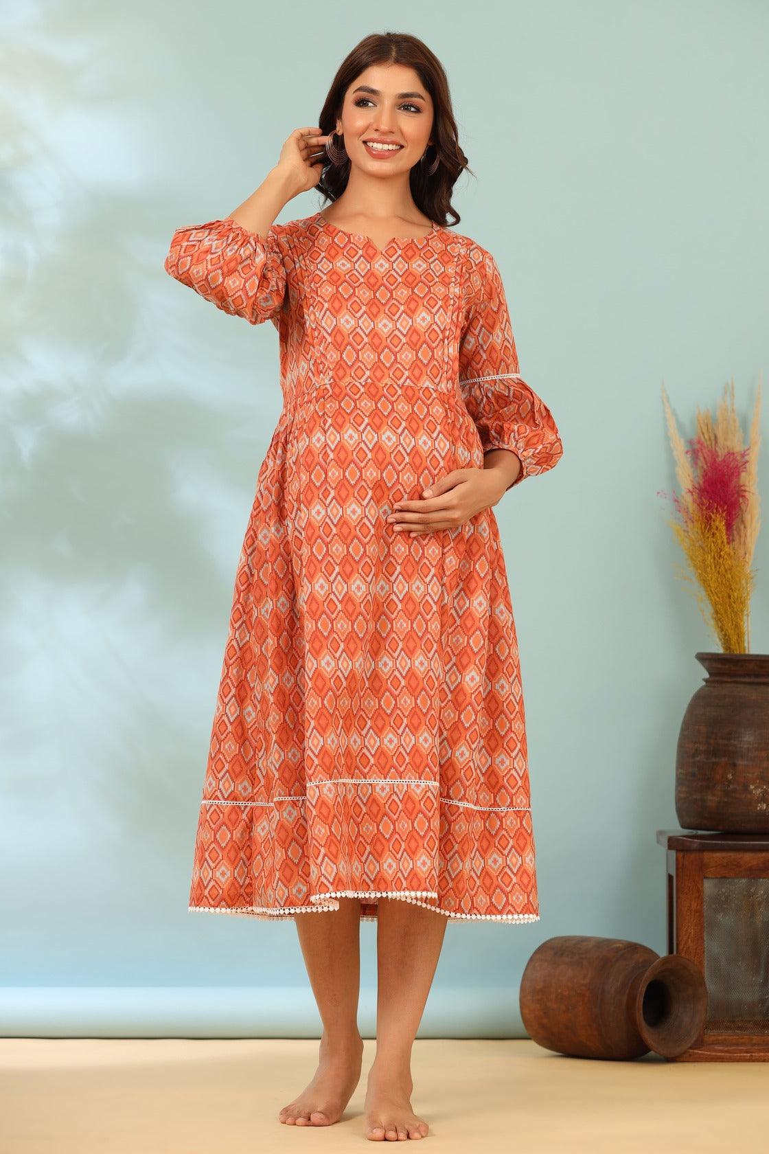 Playful Mosaic On Orange Maternity & Nursing Dress