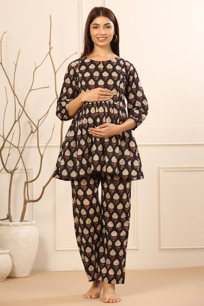 Bagh Print On Black Maternity & Nursing Set