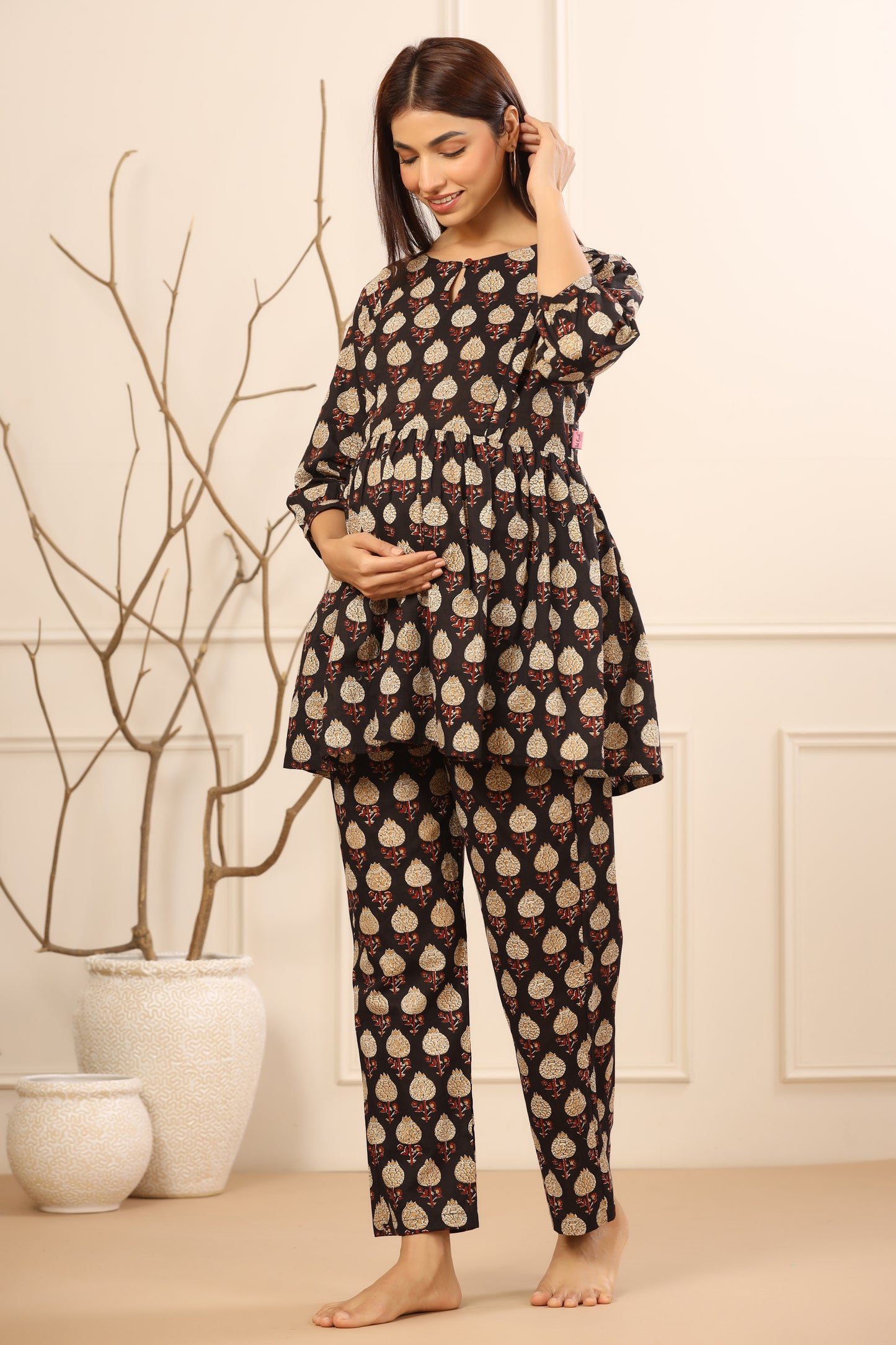 Bagh Print On Black Maternity & Nursing Set