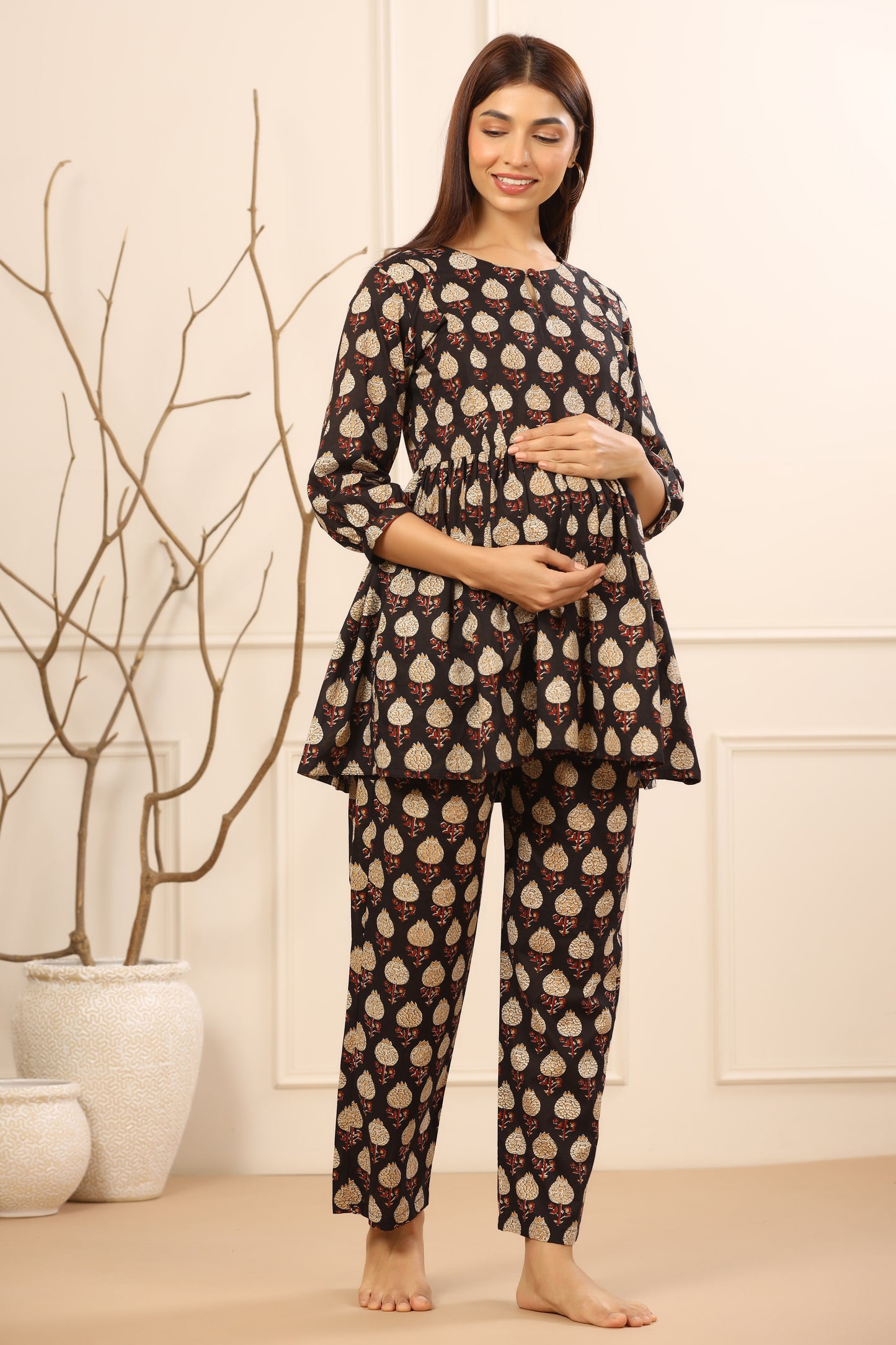 Bagh Print On Black Maternity & Nursing Set