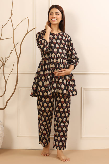 Bagh Print On Black Maternity & Nursing Set