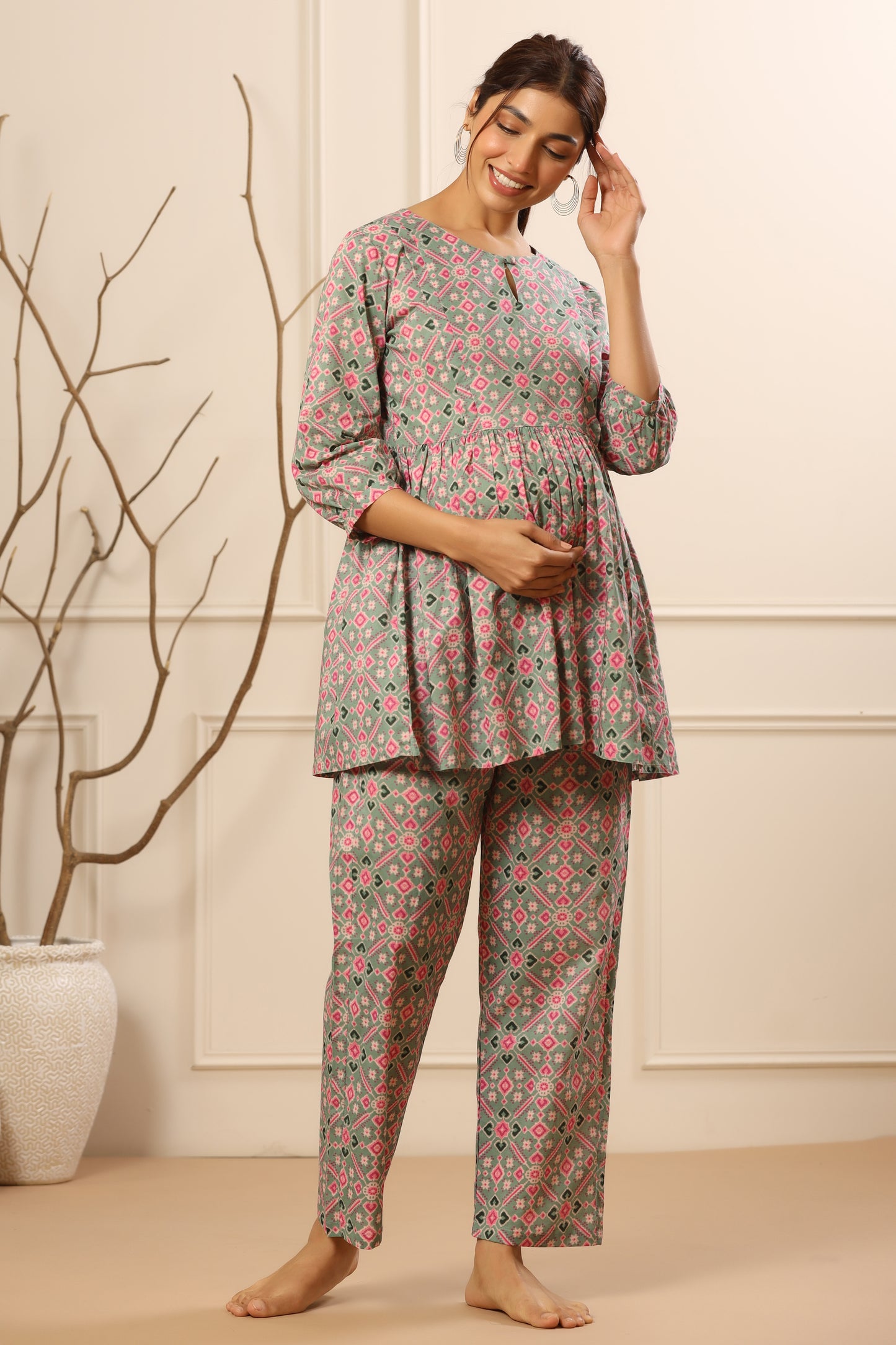 Patola Print On Green Maternity & Nursing Set