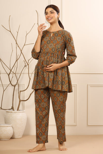 Ethnic Motifs On Mustard Maternity & Nursing Set