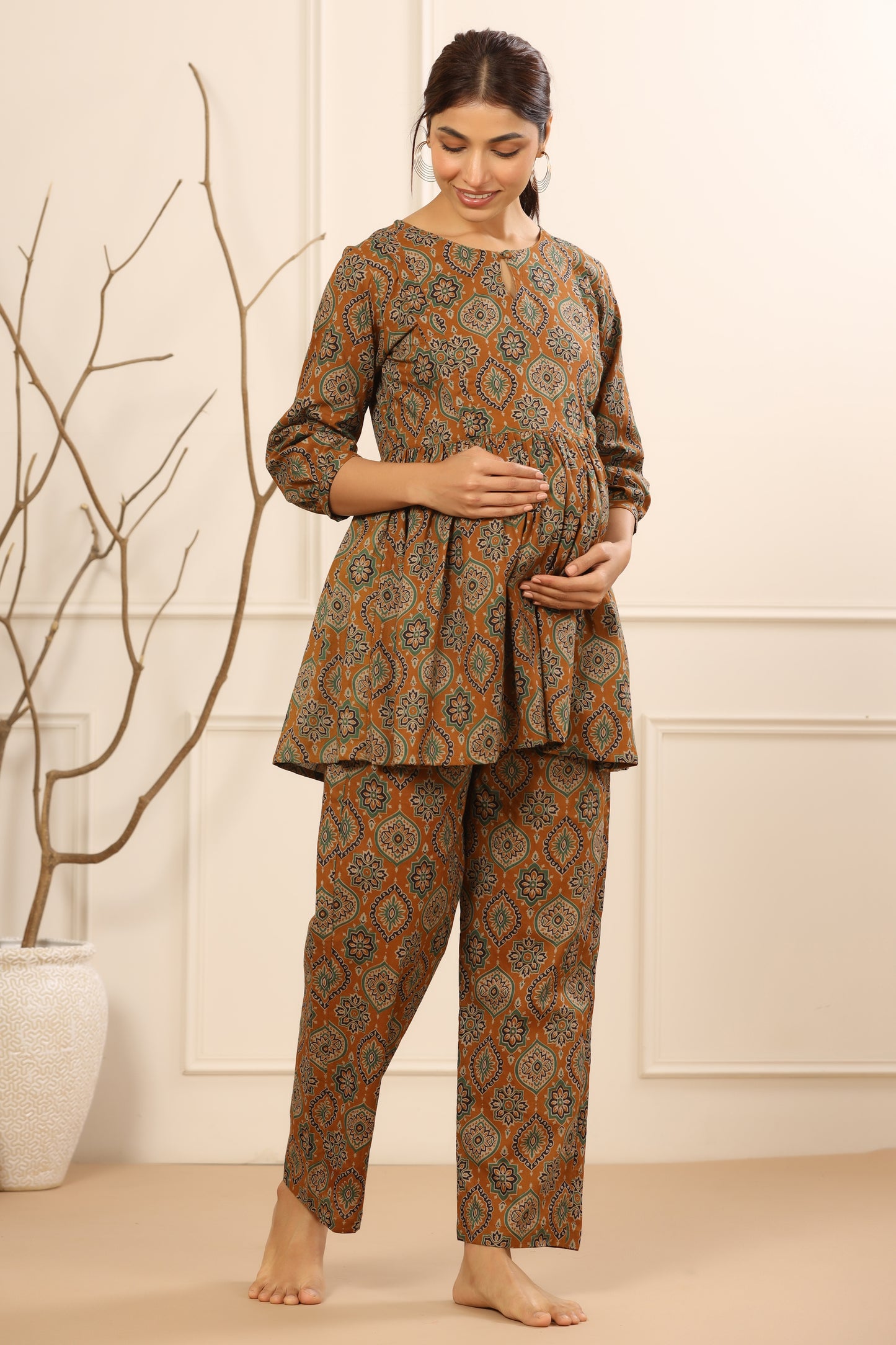 Ethnic Motifs On Mustard Maternity & Nursing Set