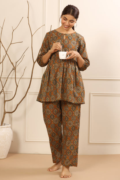 Ethnic Motifs On Mustard Maternity & Nursing Set