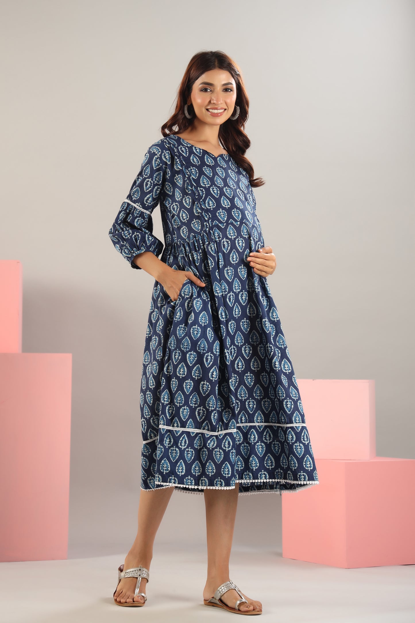 Indigo Leaf Maternity & Nursing Dress