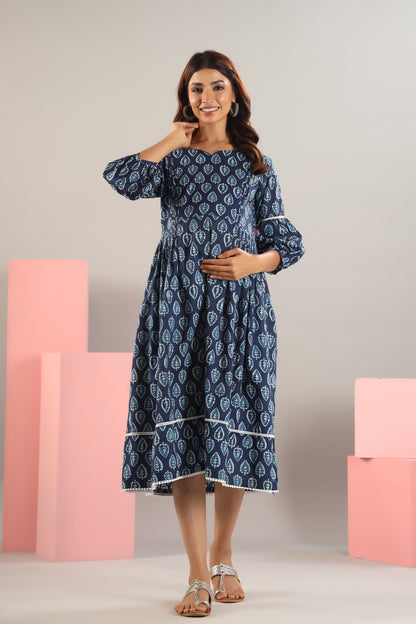 Indigo Leaf Maternity & Nursing Dress