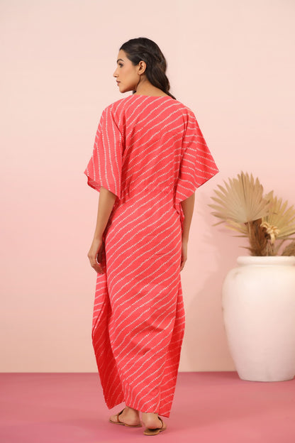 Patterned Bandhej On Pink Maternity & Nursing Kaftan