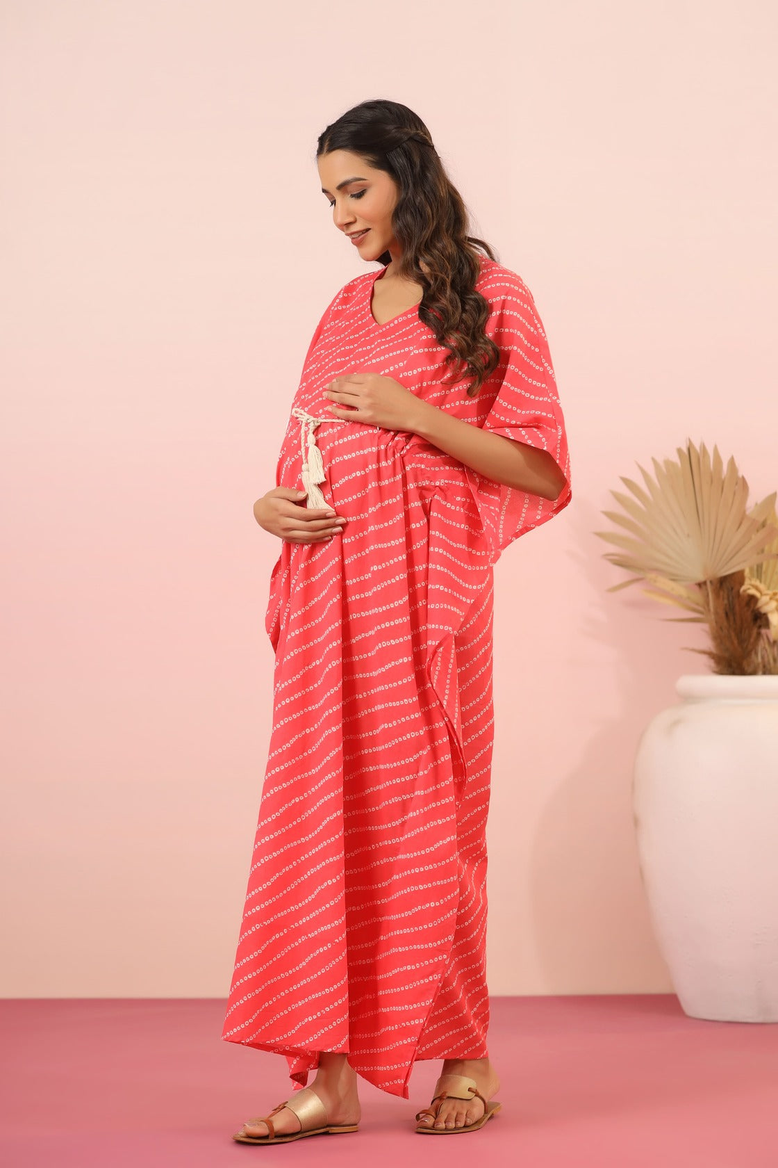 Patterned Bandhej On Pink Maternity & Nursing Kaftan