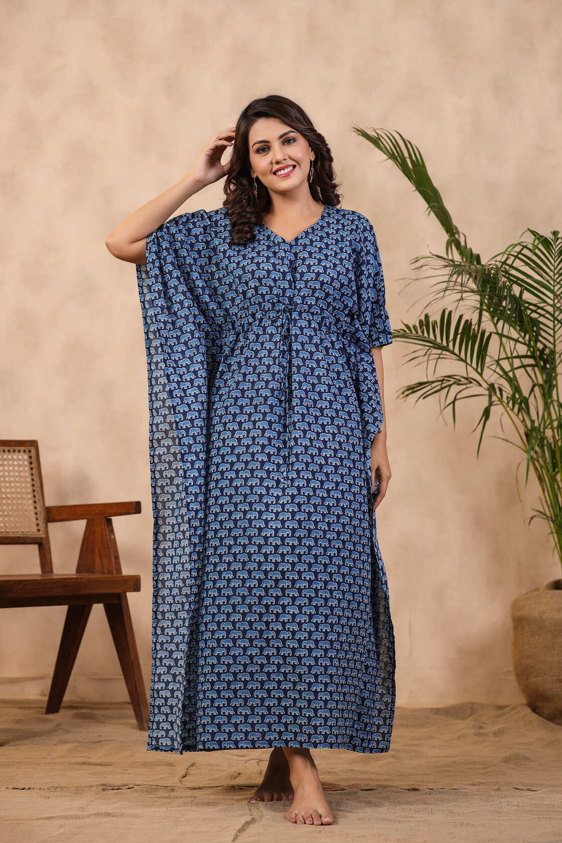 Bagru Elephants On Blue Cotton Kaftan