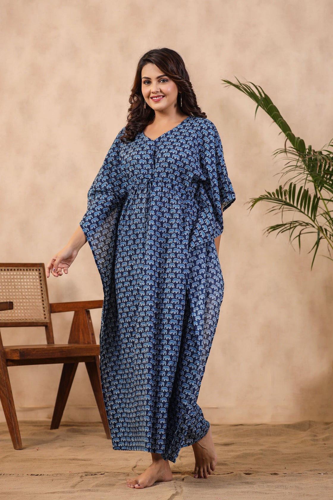 Bagru Elephants On Blue Cotton Kaftan