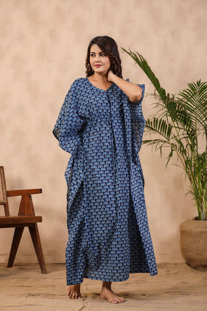 Bagru Elephants On Blue Cotton Kaftan