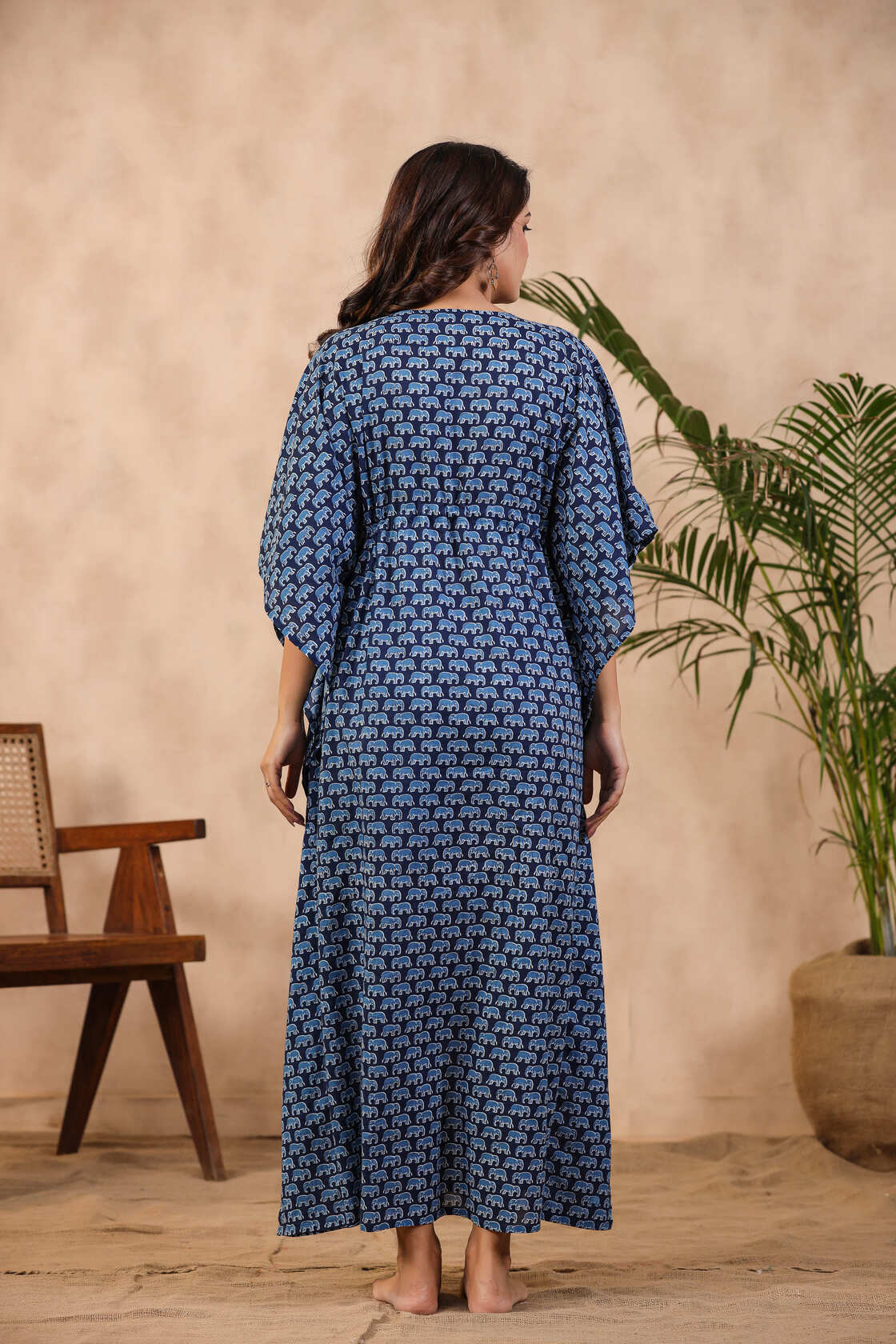 Bagru Elephants On Blue Cotton Kaftan