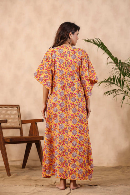 Floral Mosaic On Yellow Cotton Kaftan