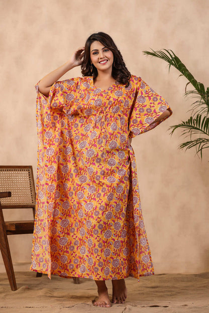 Floral Mosaic On Yellow Cotton Kaftan