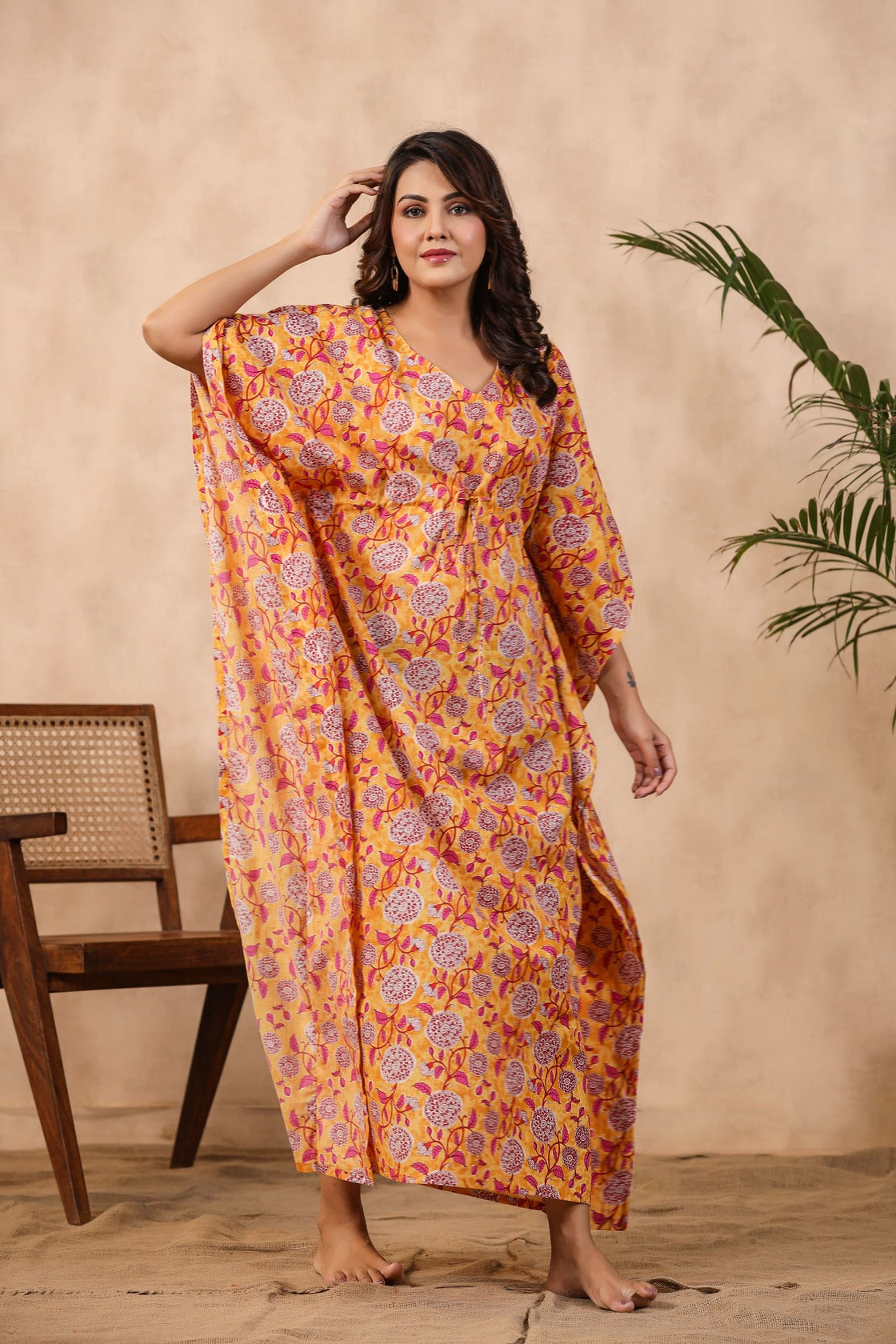 Floral Mosaic On Yellow Cotton Kaftan