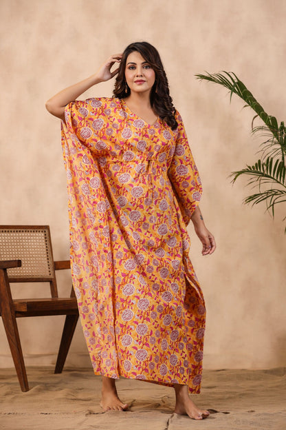 Floral Mosaic On Yellow Cotton Kaftan