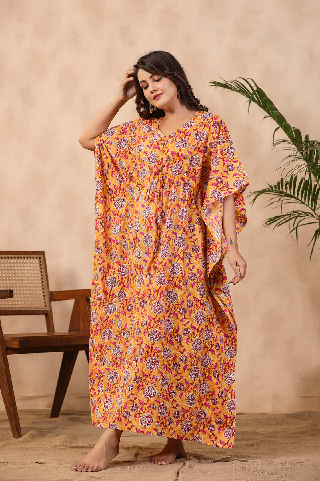 Floral Mosaic On Yellow Cotton Kaftan