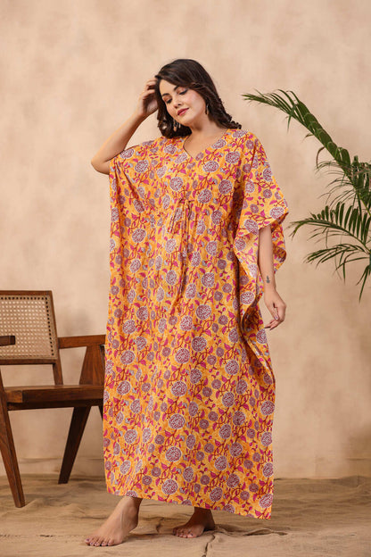 Floral Mosaic On Yellow Cotton Kaftan