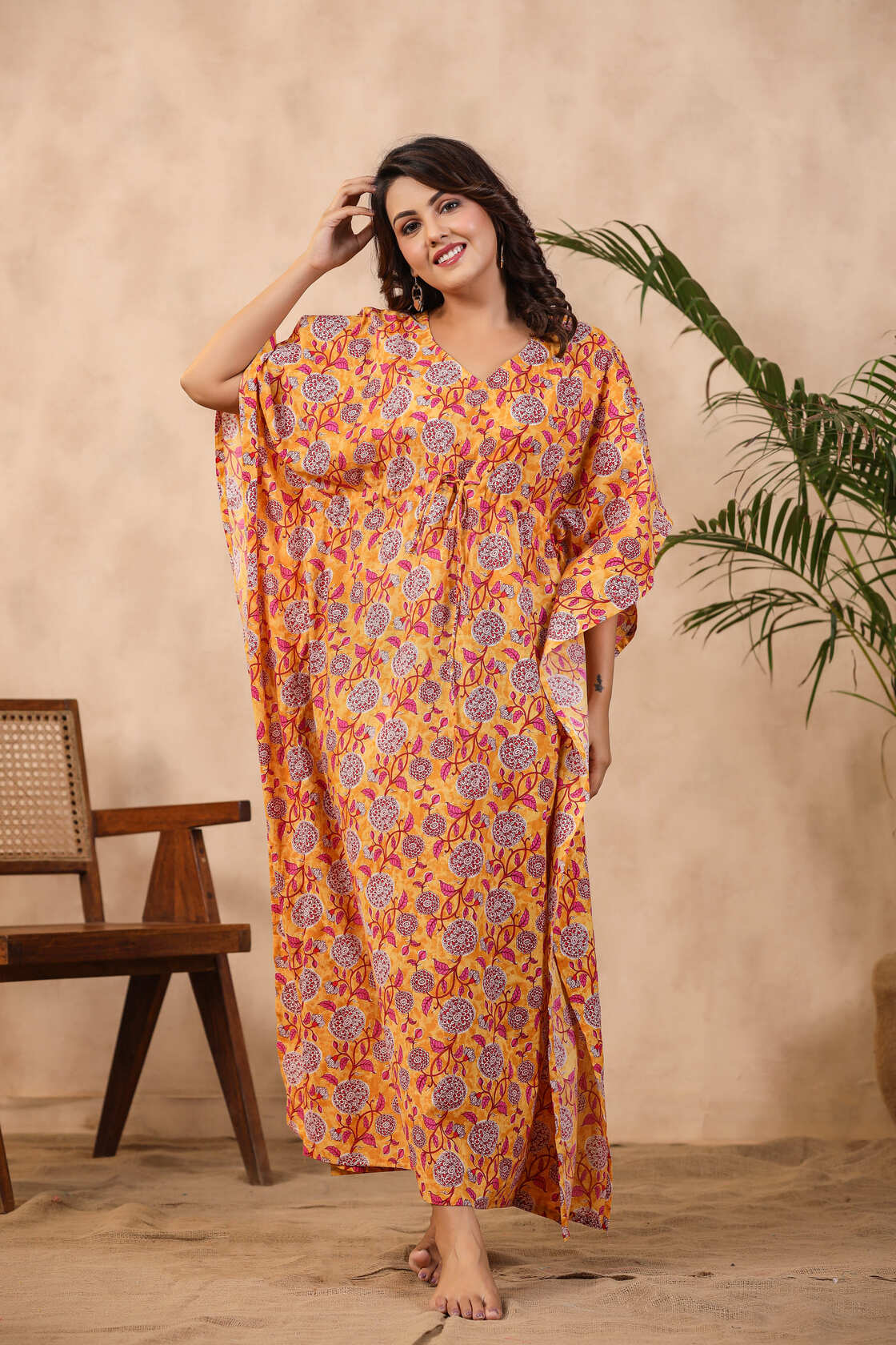 Floral Mosaic On Yellow Cotton Kaftan