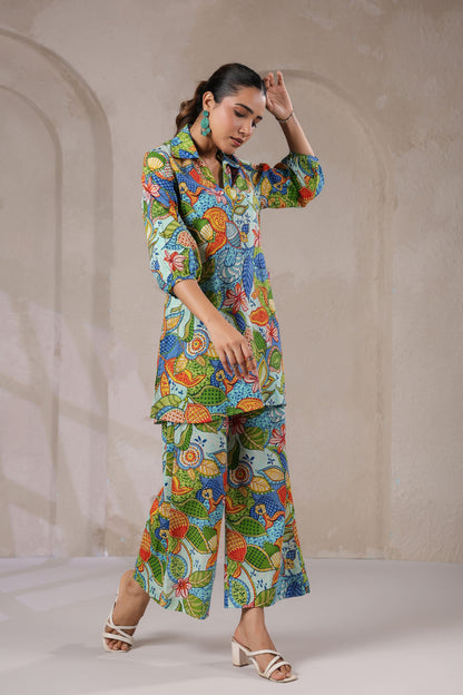 Blue Bloom Collared Cotton Co-ord Set