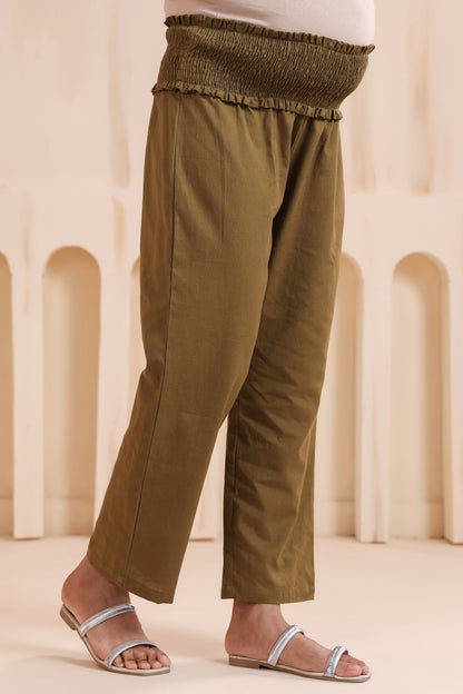 Moss Green Cotton High Rise Maternity Pant