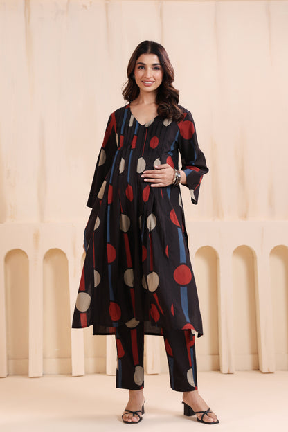 Tribal Echo Black Maternity & Nursing Kurta Set