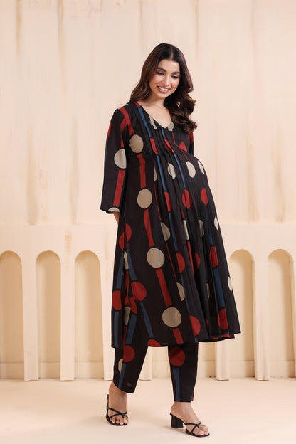 Tribal Echo Black Maternity & Nursing Kurta Set