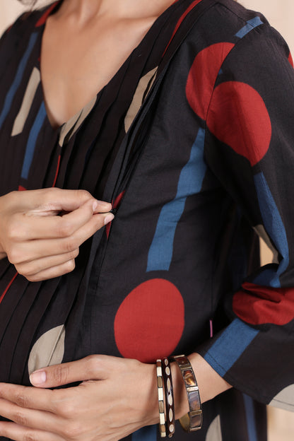 Tribal Echo Black Maternity & Nursing Kurta Set