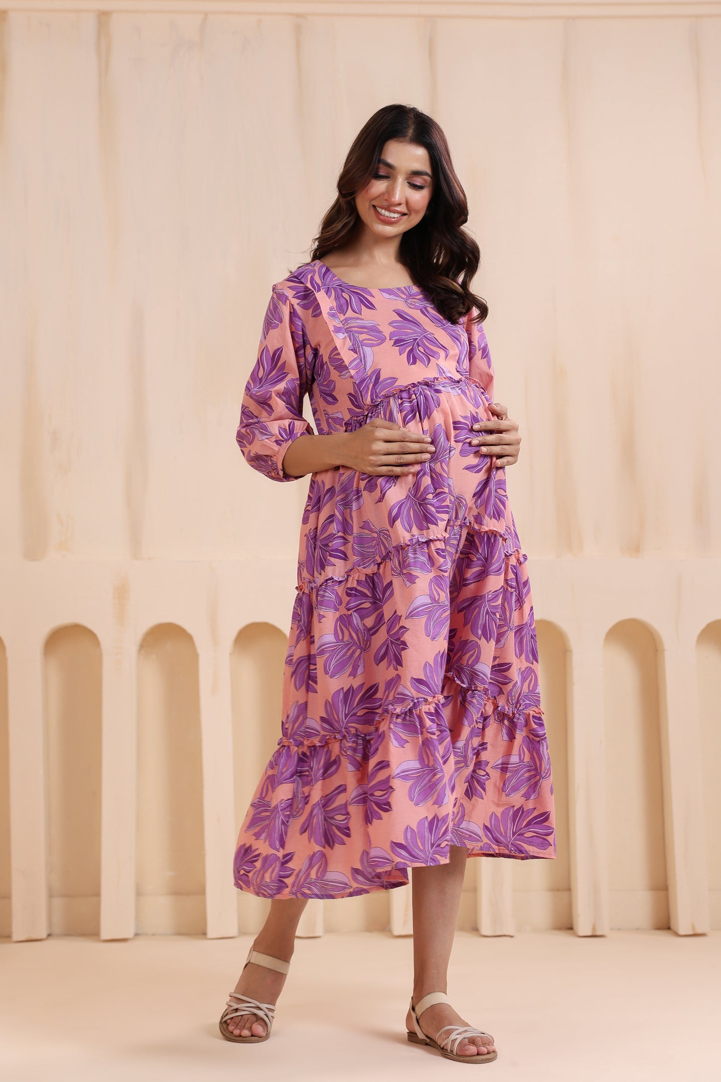 Whispering Leaves Pink Maternity & Nursing Tier Dress