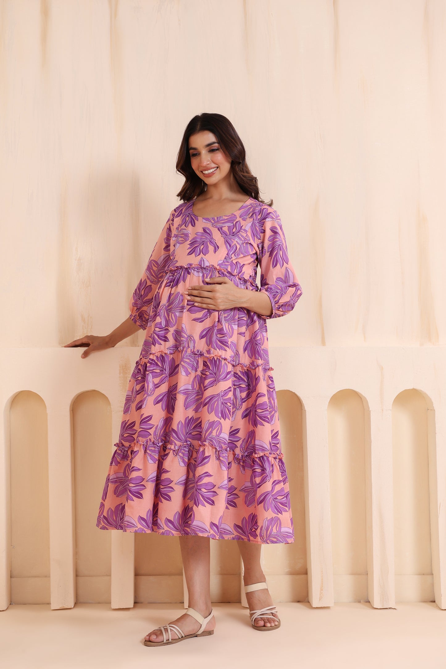 Whispering Leaves Pink Maternity & Nursing Tier Dress