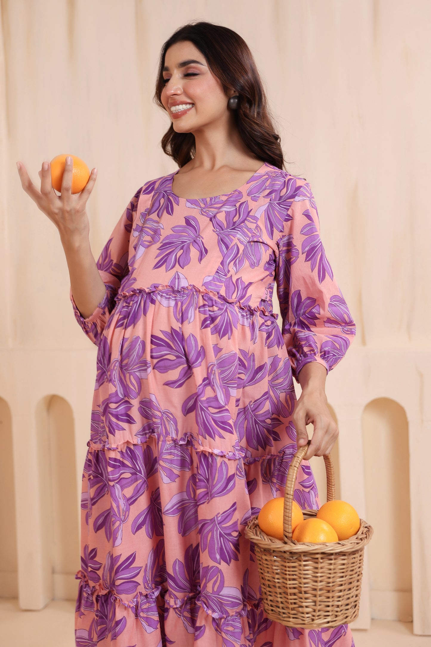 Whispering Leaves Pink Maternity & Nursing Tier Dress