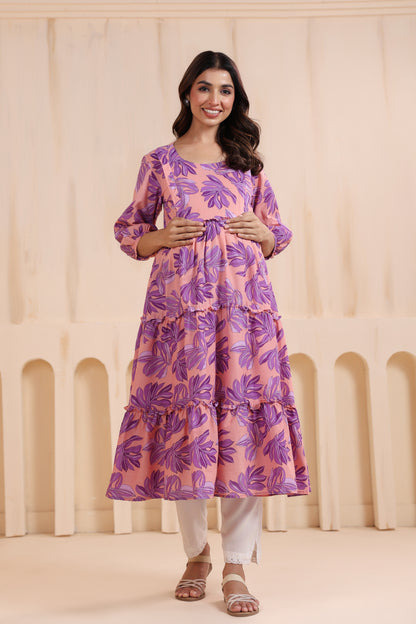 Whispering Leaves Pink Maternity & Nursing Kurta