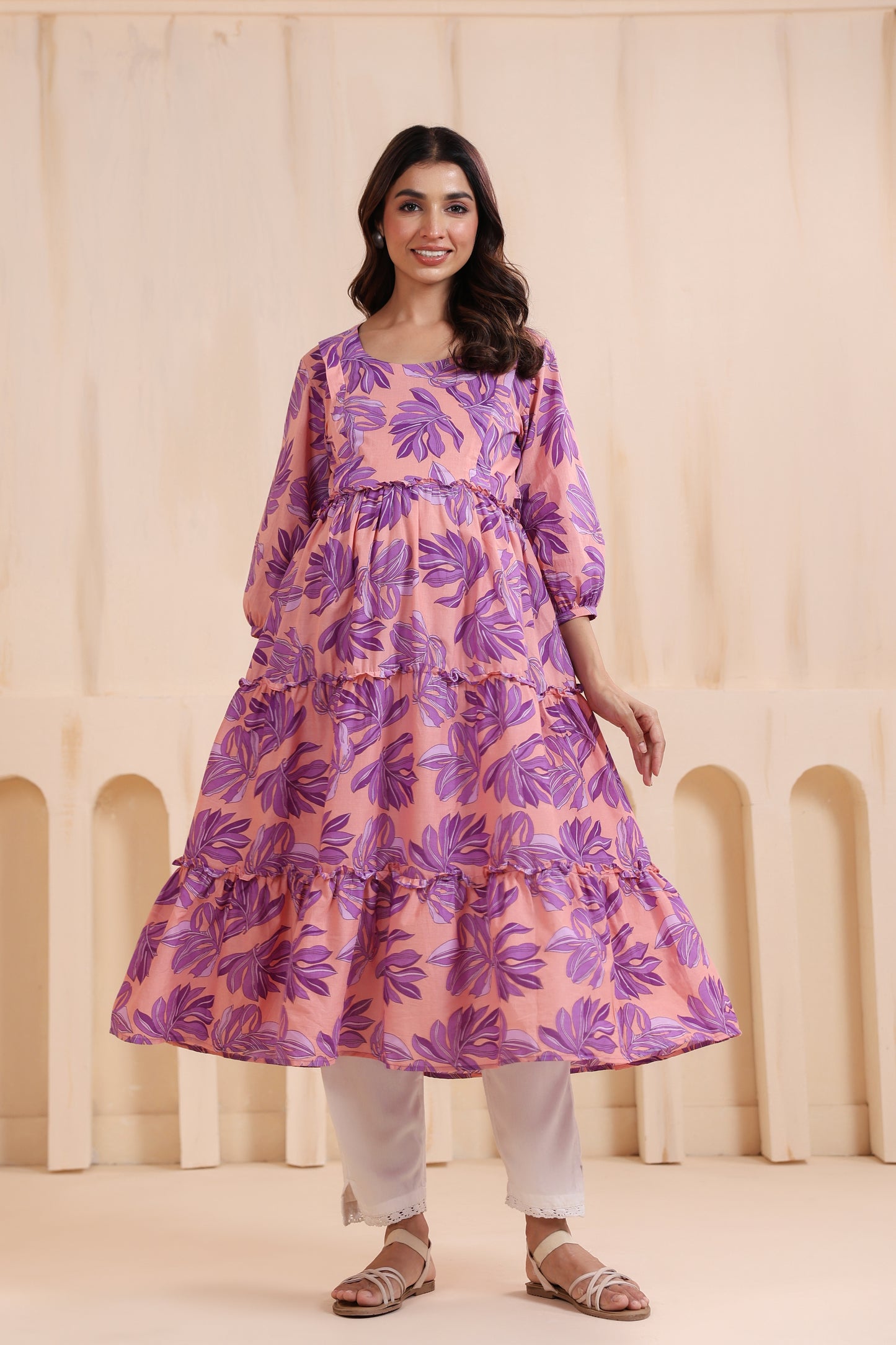 Whispering Leaves Pink Maternity & Nursing Kurta