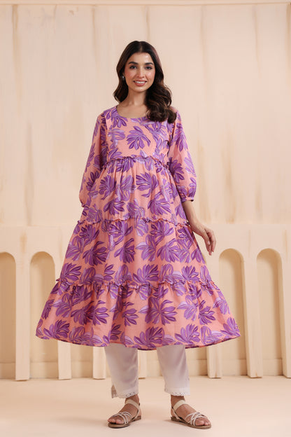 Whispering Leaves Pink Maternity & Nursing Kurta