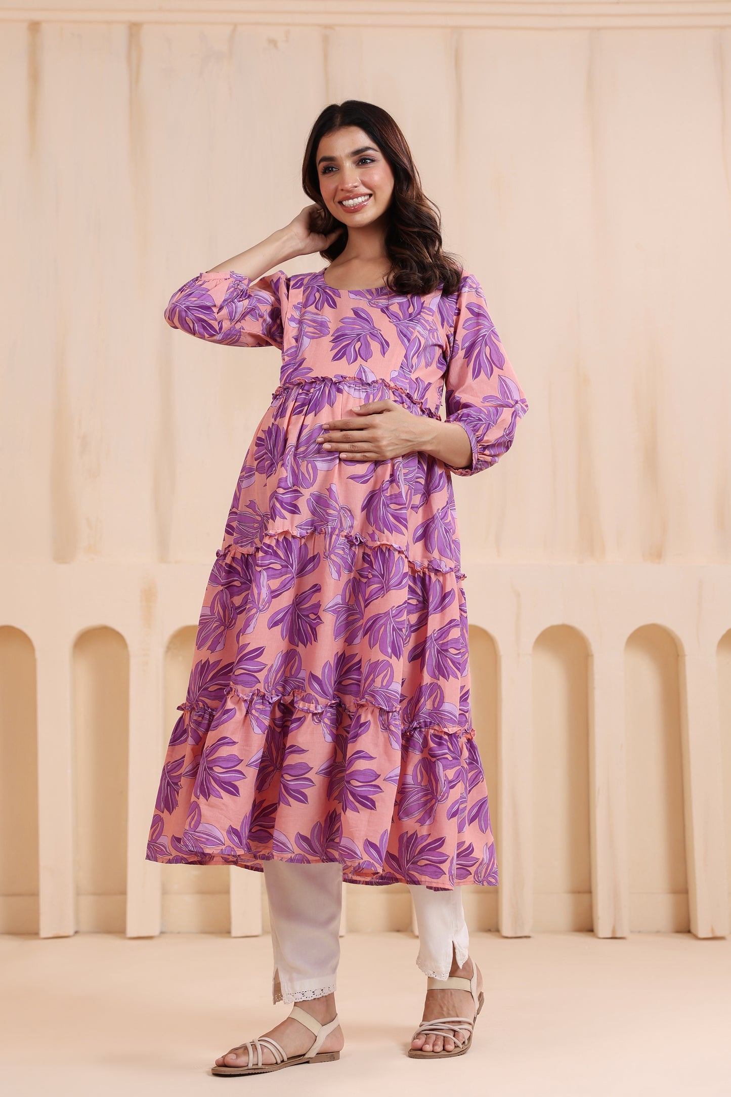 Whispering Leaves Pink Maternity & Nursing Kurta