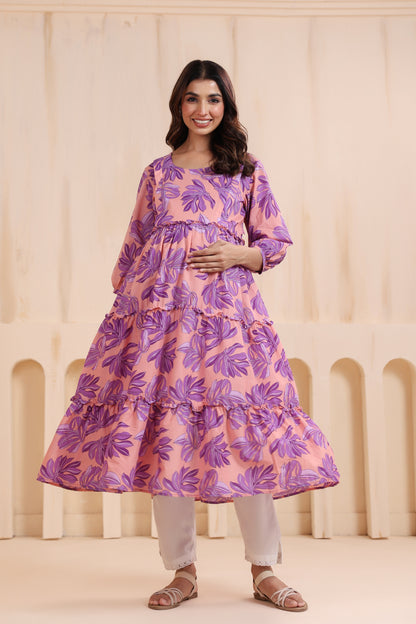 Whispering Leaves Pink Maternity & Nursing Kurta