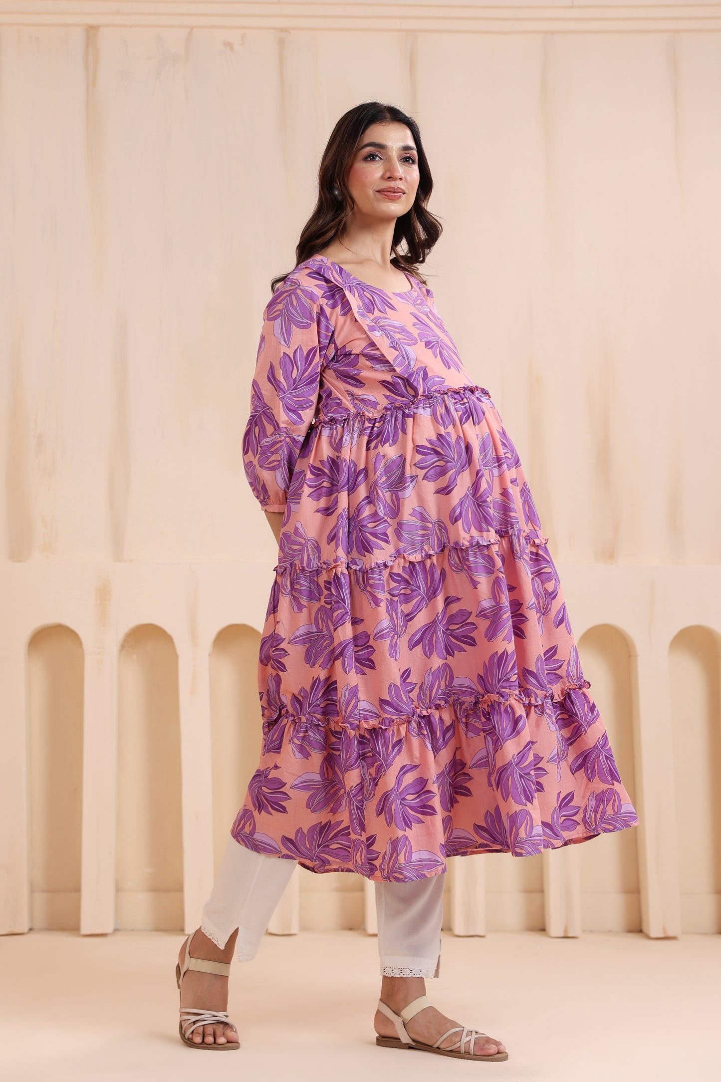 Whispering Leaves Pink Maternity & Nursing Kurta