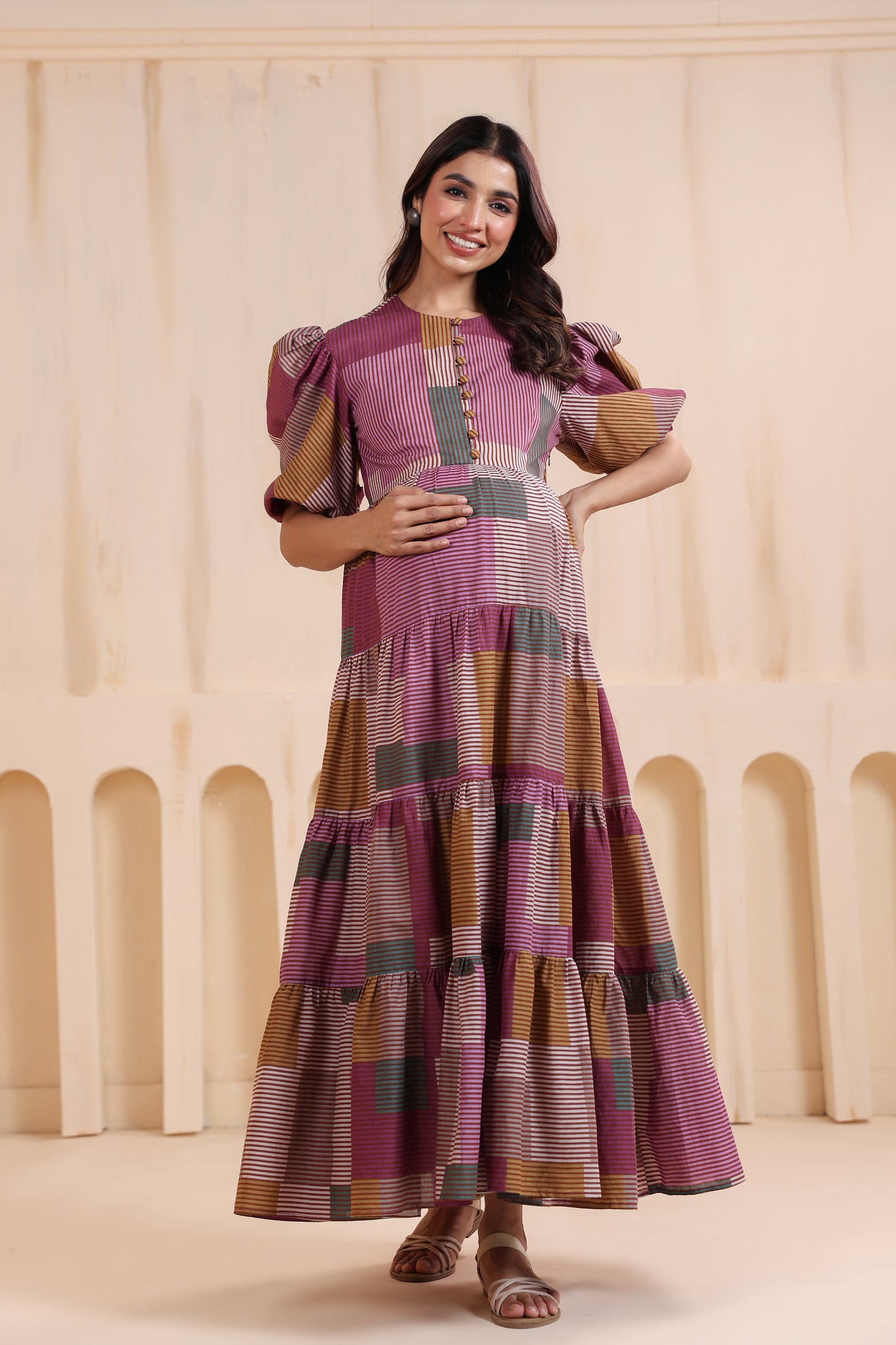 Geometric Grace Cotton Tier  Maternity & Nursing Dress