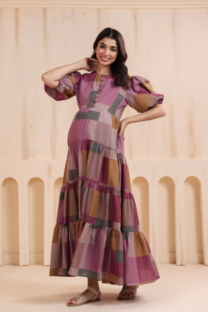 Geometric Grace Cotton Tier  Maternity & Nursing Dress