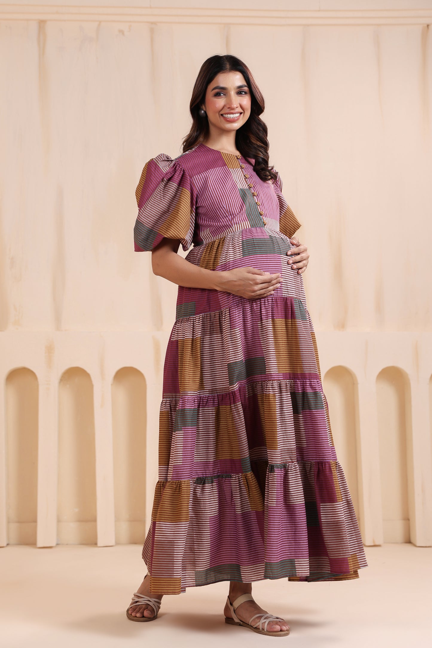 Geometric Grace Cotton Tier  Maternity & Nursing Dress