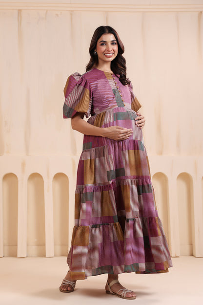 Geometric Grace Cotton Tier  Maternity & Nursing Dress